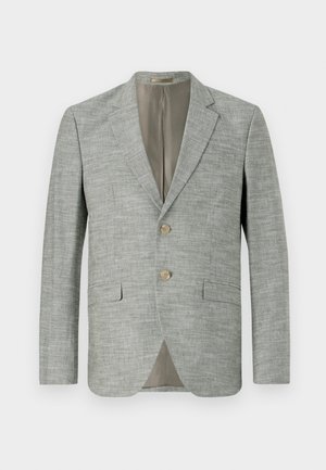 Svetlo sivi blazer iz teksturirane tkanine, s dvema sprednjima žepoma, z zaznamki na ovratniku in dvema gumboma. Notranjost oblečena v bež barvo.
