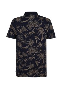 Marineblå polo med gyldne blomster- og fuglemønstre, korte ærmer og en klassisk krave. Blødt stof med en glat tekstur.