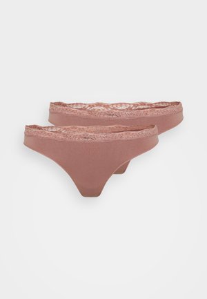 Divas divas sieviešu apakšveļa divos pāros putekļrozā krāsā, ar ziedu mežģīņu apdari jostasvietā un gludu, stiept ķermeni.