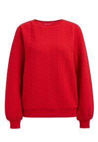 Röd sweatshirt med ett strukturerat mönster, rundad halsringning och långa ärmar med rynkade manschetter. Mjuk tyg med ribbat fåll.