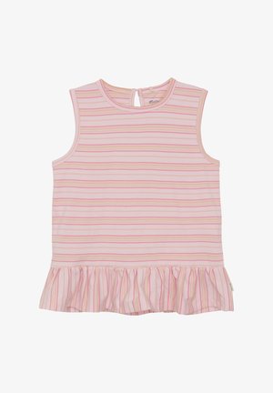 Lyserød ærmeløs top med vandrette striber i nuancer af lyserød og gul, med en flæsekant og en lille åbningsdetalje på ryggen.