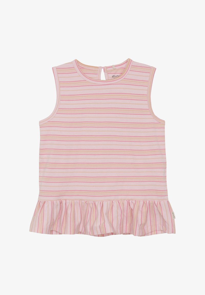 Różowa bezrękawnik z poziomymi paskami w odcieniach różu i żółci, z falbaną na dole oraz małym dekoltem w kształcie kluczyka z tyłu.