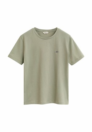 T-shirt a maniche corte di un leggero verde oliva, realizzato in cotone, con scollatura rotonda e piccolo logo ricamato sul petto.