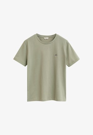 Korte mouwen, licht olijfgroene T-shirt van katoen, met een ronde hals en een klein geborduurd logo op de borst.