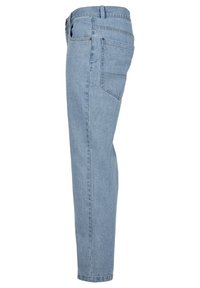 Světle modré džínové kalhoty se rovnými nohavicemi, designem se pěti kapsami a zapínáním na knoflík a zip. Klasické prošívání podél švů.