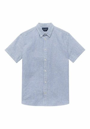 Kortärmad skjorta med knappar i ljusblått med tunna vita ränder, i bomullsmaterial, med krage i spets och normal passform.