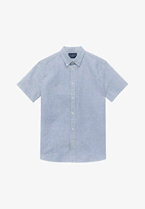 Koszula krótki rękaw w jasnoniebieskim kolorze z cienkimi białymi paskami, z bawełnianego materiału, z kołnierzykiem typu point i standardowym krojem.