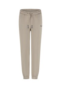Beige joggingbroeken gemaakt van een zachte stof, met een elastische tailleband met een trekkoord en taps toelopende boorden. Inclusief een klein logo-detail.