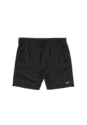 Zwarte sportshorts met een elastische tailleband, zijzakken en een klein wit logo in de rechterbenedenhoek. Glad textuur van de stof.