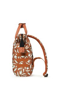 Brown floral-patterned backpack with a textured finish, featuring a zip closure, adjustable straps, and a prominent top handle.