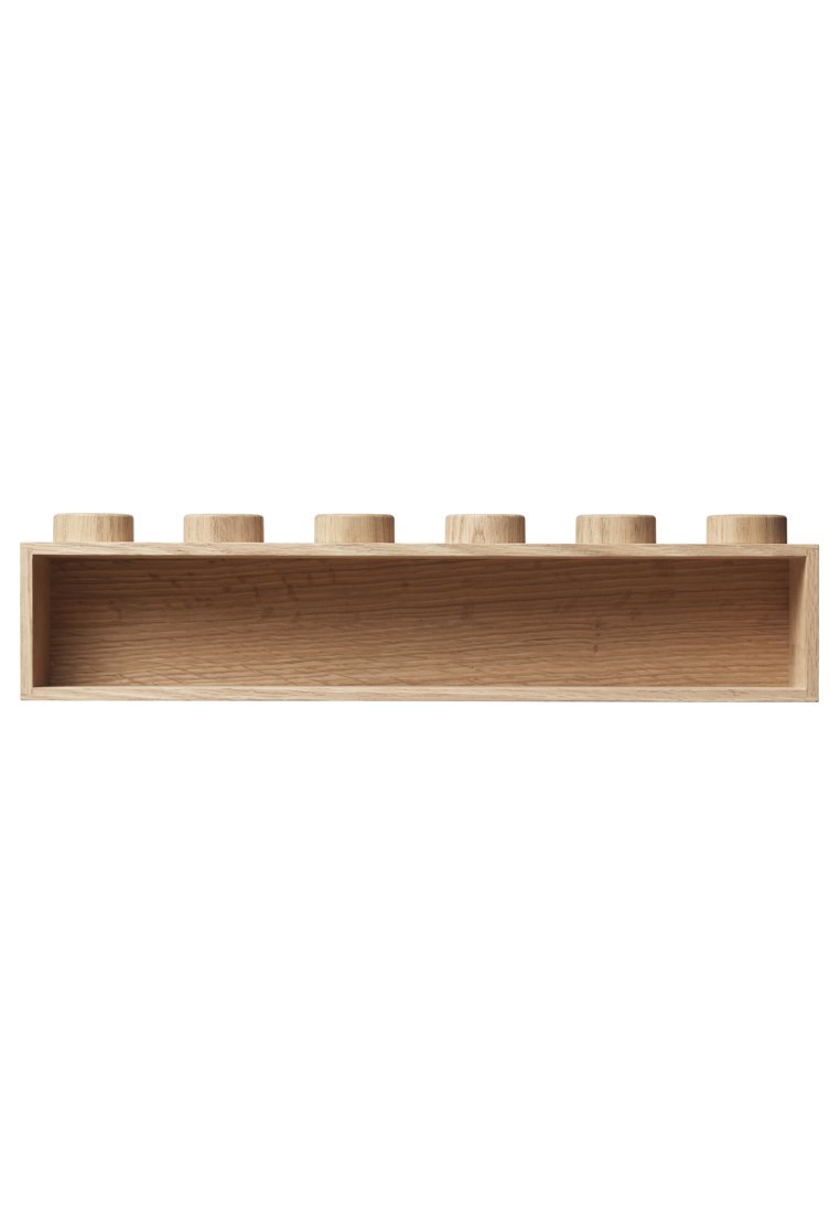 Rechthoekige houten plank met zes cilindrische haken die gelijkmatig over de bovenrand zijn verdeeld, afwerking van natuurlijk licht hout.