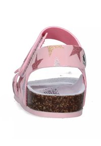Infradito rosa con motivi a stella in oro, argento e rosso. Cinghia regolabile con chiusura in Velcro e suola in sughero texturizzata. Interno antiscivolo.
