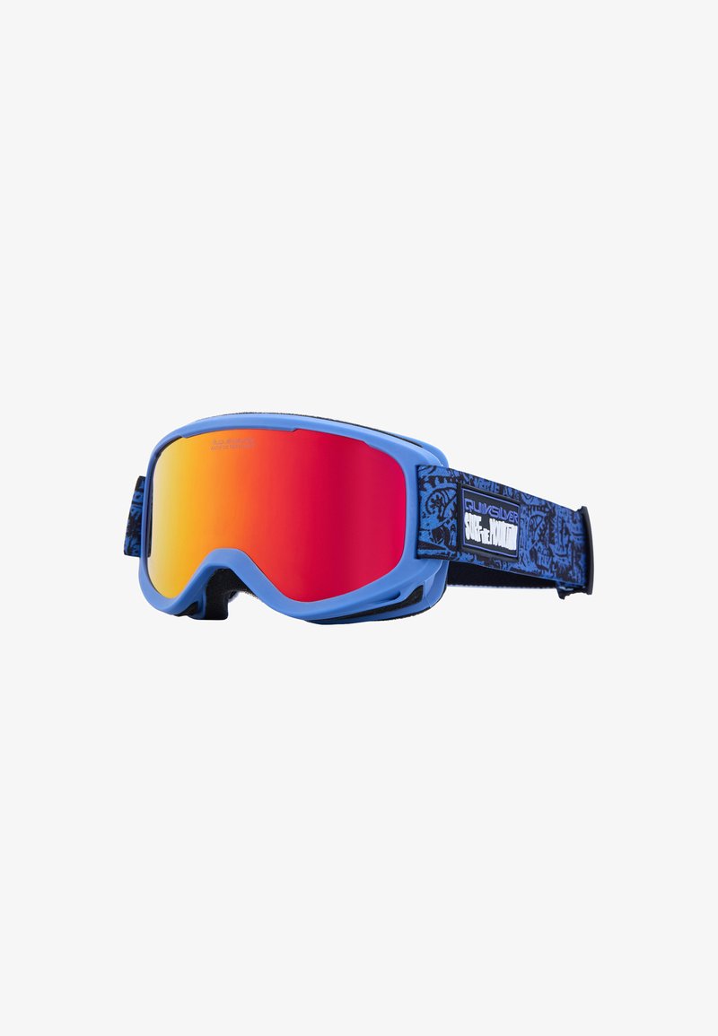 Niebieskie gogle narciarskie z dużą, lustrzaną czerwoną soczewką. Posiadają wzorzystą regulowaną taśmę oraz miękką piankową wyściółkę dla wygody.
