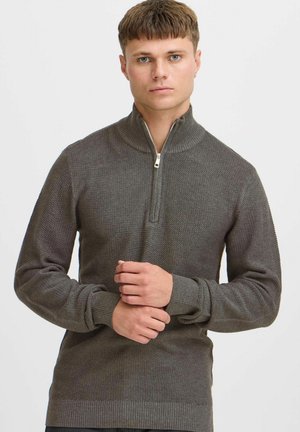 Grijze ritssweater van textured breiwerk, met een hoge kraag, geribde manchetten en zoom voor een strakke pasvorm.