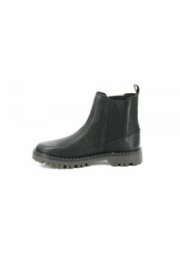 Black leather Chelsea boot with elastic side panels, pull tab, rugged sole, and contrasting stitching. Smooth texture and streamlined design.