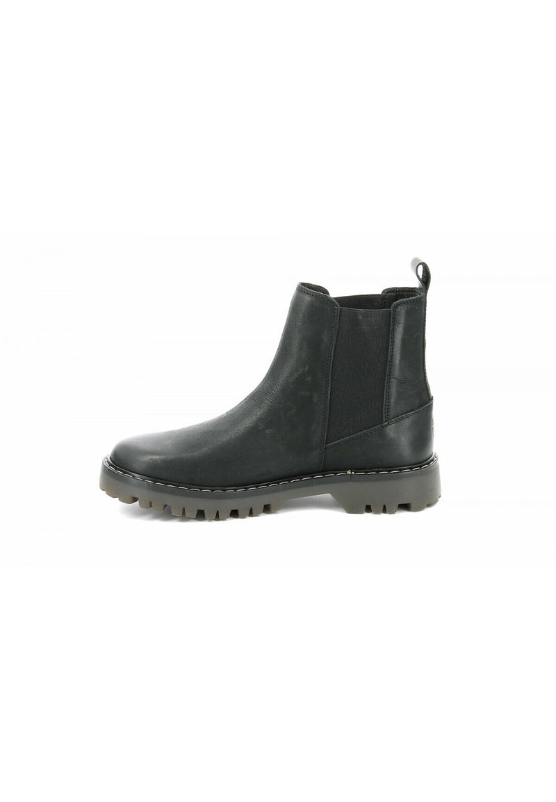 Black leather Chelsea boot with elastic side panels, pull tab, rugged sole, and contrasting stitching. Smooth texture and streamlined design.