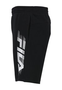 Svarta bomullsshorts med elastisk midja, med en vit grafisk design på vänster sida och en sidoficka.