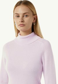 Helles rosa gestricktes Sweatshirt mit hohem Kragen, langen Ärmeln und subtiler Textur. Besitzt Schulternaht und eine figurbetonte Silhouette.