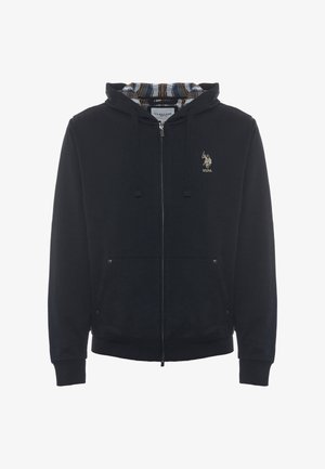 Felpa con zip nera realizzata in tessuto morbido. Presenta una fodera a quadri nel cappuccio, tasche a marsupio e un logo ricamato sul petto.
