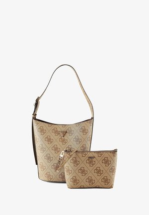 Beige patterned bucket handbag with adjustable strap and matching small zippered pouch, both featuring repeating logo design and metal brand tags.