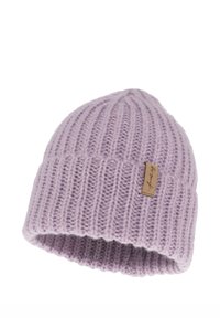 Cuffia in maglia costellata viola chiaro con risvolto e una piccola etichetta rettangolare marrone sul lato.