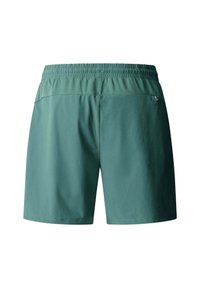 Shorts de sport bleu sarcelle uni avec une ceinture élastique et une petite poche zippée à l'arrière côté droit.