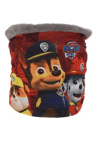 Pelle en tissu rouge et doux, ornée de personnages de PAW Patrol, avec un bord supérieur gris duveteux. Comprend des designs de Chase, Marshall et Rubble.