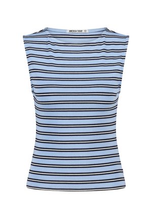 Blue and white striped tank top with a ribbed texture, deep round neckline, and short sleeves, featuring navy horizontal stripes.