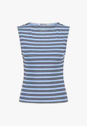 Débardeur rayé bleu et blanc avec une texture côtelée, un décolleté rond profond et des manches courtes, présentant des rayures horizontales marines.