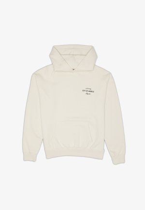 Cream-colored hoodie with a kangaroo pocket, ribbed cuffs, and hem. "CITY OF ANGELS" printed in black on the left chest. Soft fabric texture.