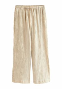 Lichtbeige wijdvallende broek met een gestructureerd gekreukt ontwerp, voorzien van een elastische tailleband en een strikkoord.