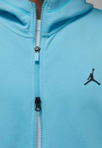 Felpa con cappuccio azzurro chiaro con zip, realizzata in tessuto morbido. Presenta una cerniera nera, il logo Jordan nero sul petto a sinistra e un cappuccio con dettagli di cucitura.