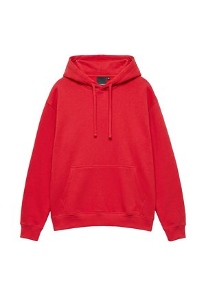 Rode pullover hoodie met voorzak en verstelbare trekkoorden aan de kap, afgebeeld tegen een witte achtergrond.