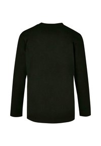 Black long-sleeve shirt with a round neckline. The fabric appears soft and smooth, featuring a simple, minimal design without additional details.