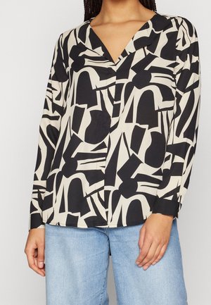 Langärmlige Bluse in Creme mit schwarzen abstrakten Mustern; verfügt über einen V-Ausschnitt und einen Knopfverschluss, aus glattem Stoff mit lockerer Passform.