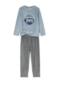 Soft blue long-sleeve top with mountain and bear graphic paired with plain gray elastic-waist pants, cozy fleece fabric pajamas.