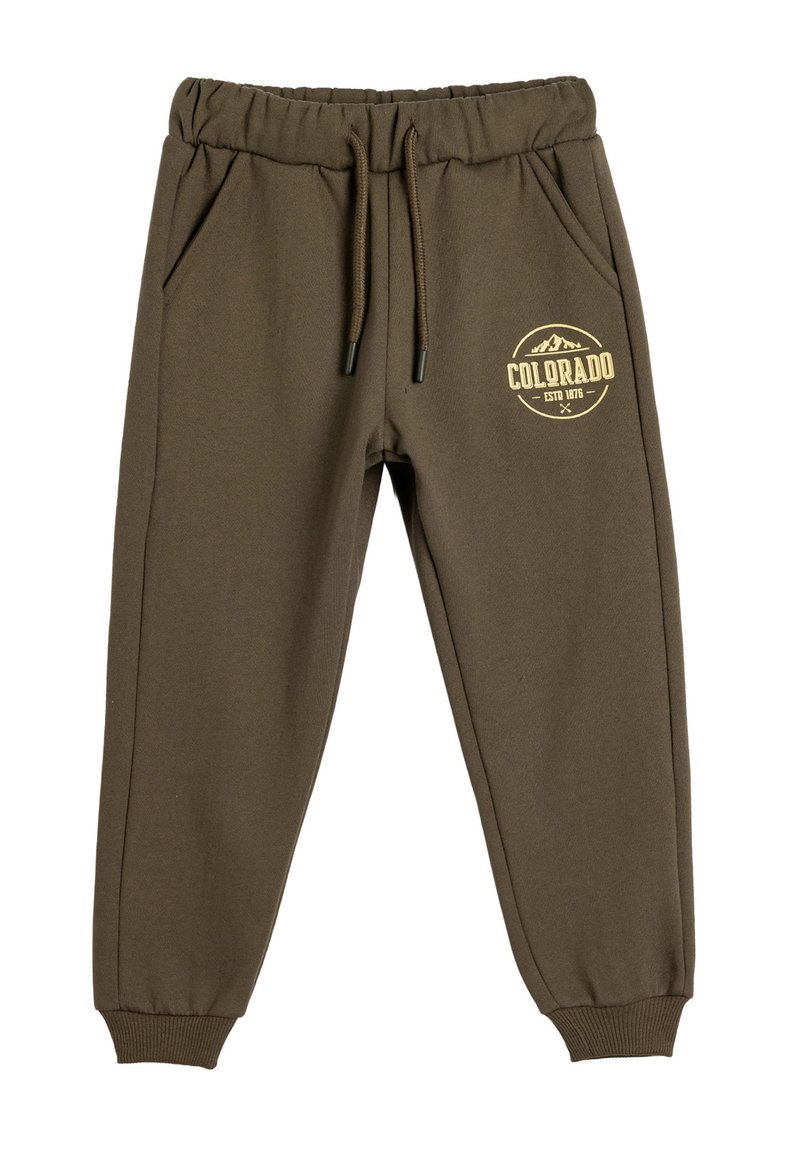 Olive green dresowe spodnie z miękkiego materiału, z elastycznym pasem ze sznurkiem, bocznymi kieszeniami oraz złotym nadrukiem logo "COLORADO".