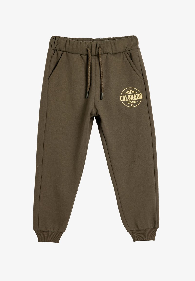 Olijfgroene sweatpants van zacht materiaal, met een elastische tailleband met trekkoord, zijzakken en een gouden bedrukt "COLORADO" logo.