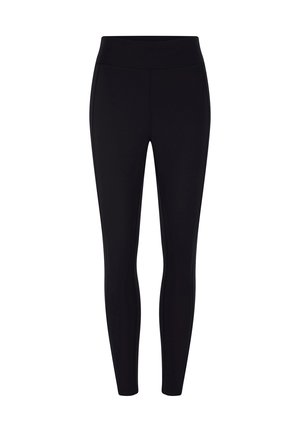 Schwarze, hoch taillierte, enganliegende Leggings mit glattem Bund und ohne sichtbare Muster oder Taschen, gezeigt vor weißem Hintergrund.