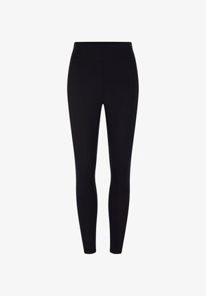 Leggings neri aderenti a vita alta con una fascia liscia in vita e senza motivi o tasche visibili, mostrati su sfondo bianco.