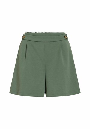 Zelené šortky s vysokým pásom, záhybmi a gombíkmi s motívom korytnačky na pásiku, vyrobené z hladkej látky.