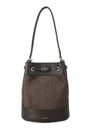 Borsa secchiello marrone con parte centrale intrecciata, rifiniture in pelle, chiusura a girello in argento e tracolla singola di Zanellato.