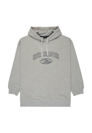 Lichtgrijze Quiksilver hoodie met logo aan de voorkant, capuchon met trekkoord, geribbelde boorden en zoom, plat uitgestald op een witte achtergrond.