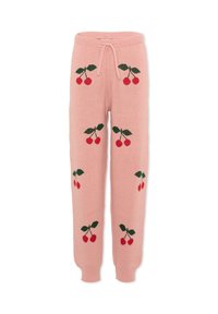 Roze gebreide broek met elastische tailleband en trekkoord, versierd met rode kersen- en groene bladpatronen.
