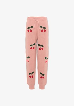 Roze gebreide broek met elastische tailleband en trekkoord, versierd met rode kersen- en groene bladpatronen.