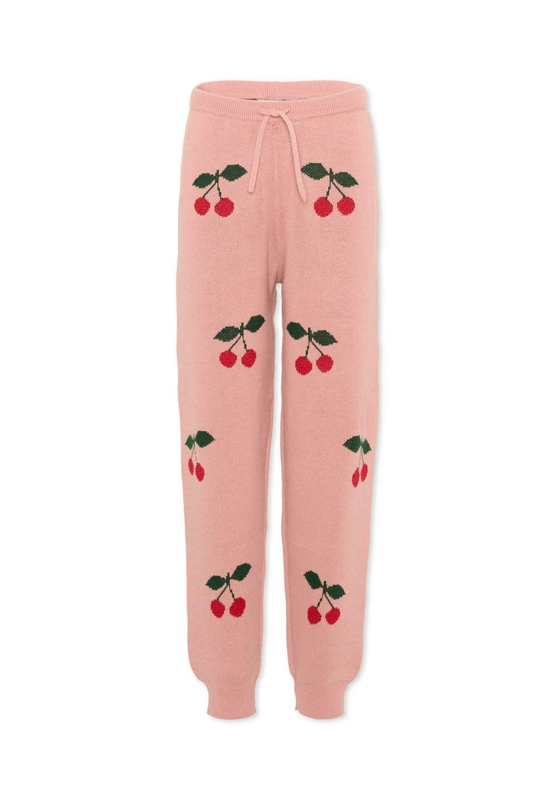 Roze gebreide broek met elastische tailleband en trekkoord, versierd met rode kersen- en groene bladpatronen.