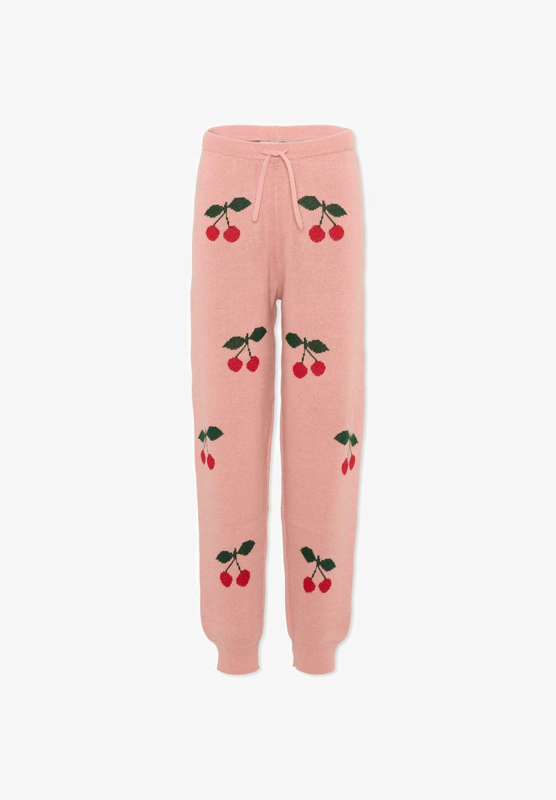 Roze gebreide broek met elastische tailleband en trekkoord, versierd met rode kersen- en groene bladpatronen.