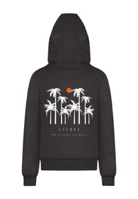 Schwarzer Kapuzenpullover mit einem Frontdruck von weißen Palmen und einer roten Sonne, akzentuiert durch den Text "ENTFLIEHEN UND DIE WELT ENTDECKEN" darunter.