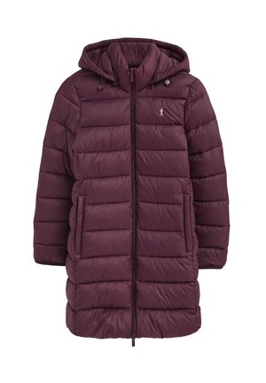 Długa, ciemnofioletowa pikowana kurtka zimowa z kapturem, zamkiem z przodu, bocznymi kieszeniami i małym haftowanym logo na piersi.