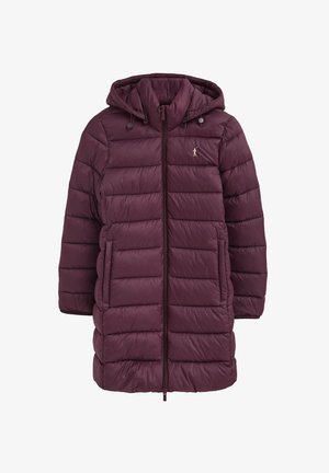 Długa, ciemnofioletowa pikowana kurtka zimowa z kapturem, zamkiem z przodu, bocznymi kieszeniami i małym haftowanym logo na piersi.